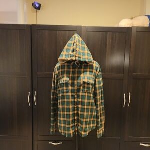 Zaful Dark Green & Rust Plaid Hooded Fleece Lined Shacket Size Medium Men's D115